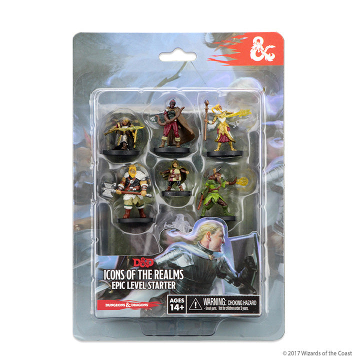 D&D Icons of the Realms: Epic Level Starter - Set of six detailed fantasy character miniatures in clear plastic packaging with D&D Icons of the Realms Epic Level Starter.