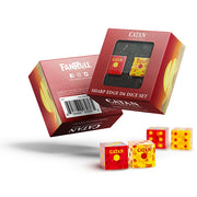 Catan Masterpiece Series: Sharp Edge Resin Dice Set - 2d6 - Red and yellow translucent resin six-sided dice with sharp edges, featuring white pips and Catan logo, displayed with.