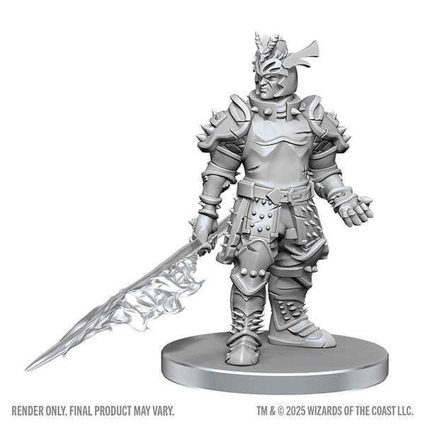 D&D Nolzur's Marvelous Miniatures: Hell Hound & Narzugon (PREORDER) - Detailed gray plastic miniature of armored warrior with horned helmet and large jagged sword on round base.