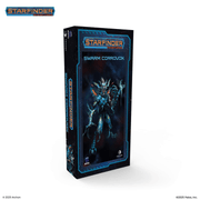 Starfinder: Swarm Corrovox - Tall rectangular box featuring a dark sci-fi soldier in black and blue armor with glowing blue accents and a menacing helmet