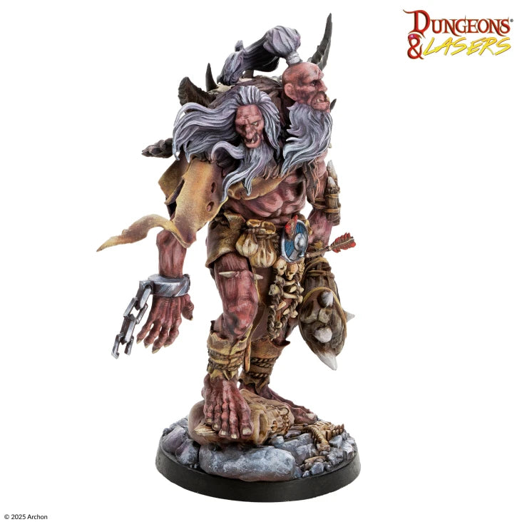 Dungeons & Lasers: Gervase the Ettin (Unpainted) - Unpainted detailed resin miniature of Gervase the Ettin with two heads, muscular build, tribal armor, and large clawed feet.