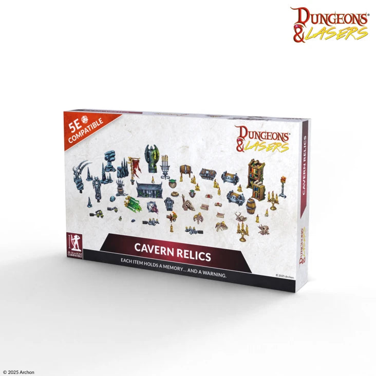 Dungeons & Lasers: Cavern Relics (Unpainted) (PREORDER) - Boxed set of unpainted miniature dungeon relics and props for tabletop gaming, displayed on white background.
