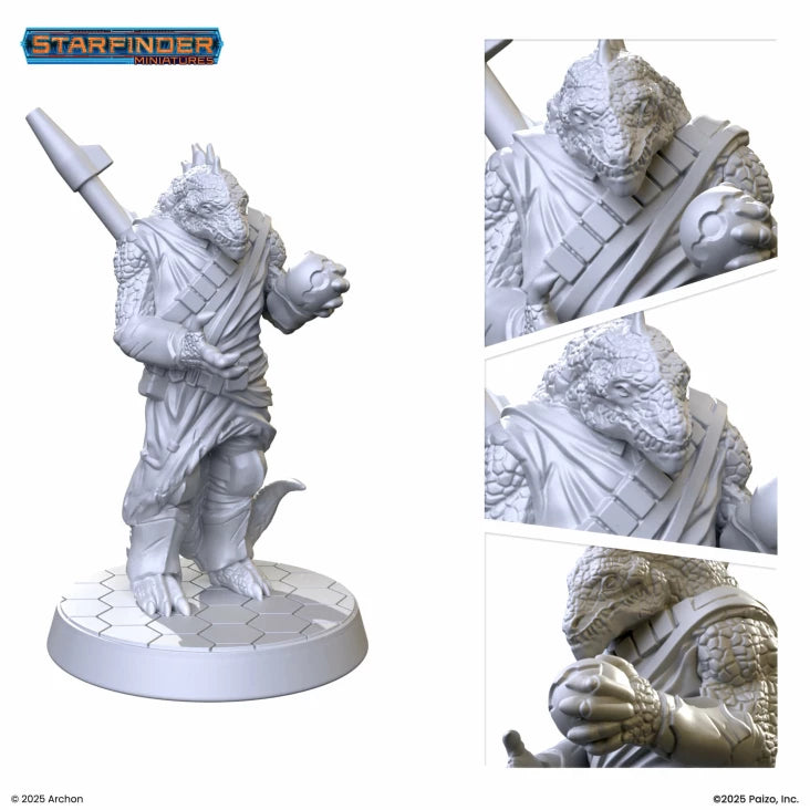 Starfinder: Ikeshti Brood-Minders - Gray resin miniature of a reptilian humanoid warrior holding a spear, wearing armor and a bandolier, standing on a textured.