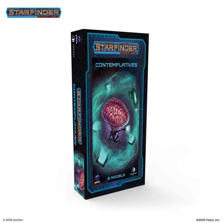 Starfinder: Contemplatives - Starfinder Contemplatives expansion box with glowing purple brain and teal futuristic design on black background.