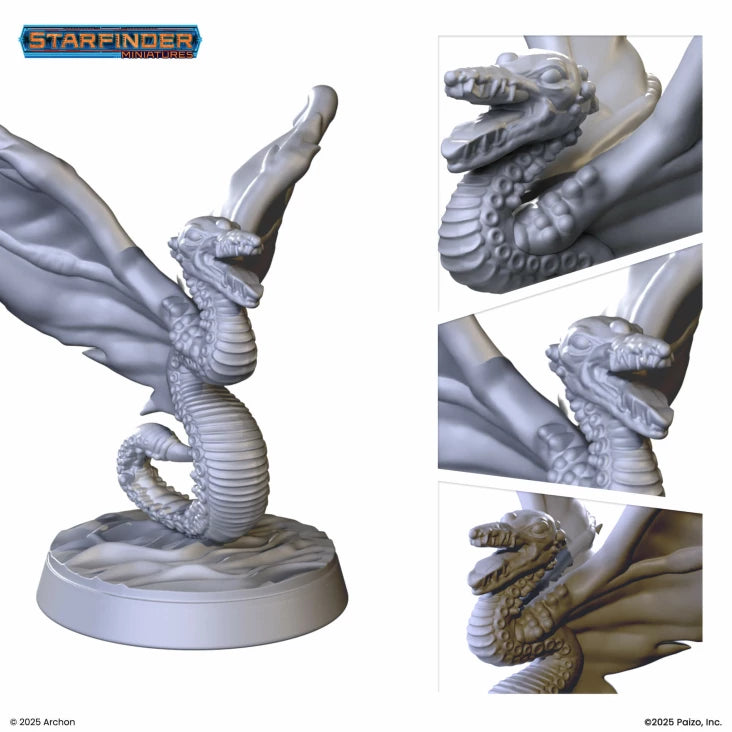 Starfinder: Electrovore - Gray plastic miniature of a winged serpent dragon coiled on a textured circular base.