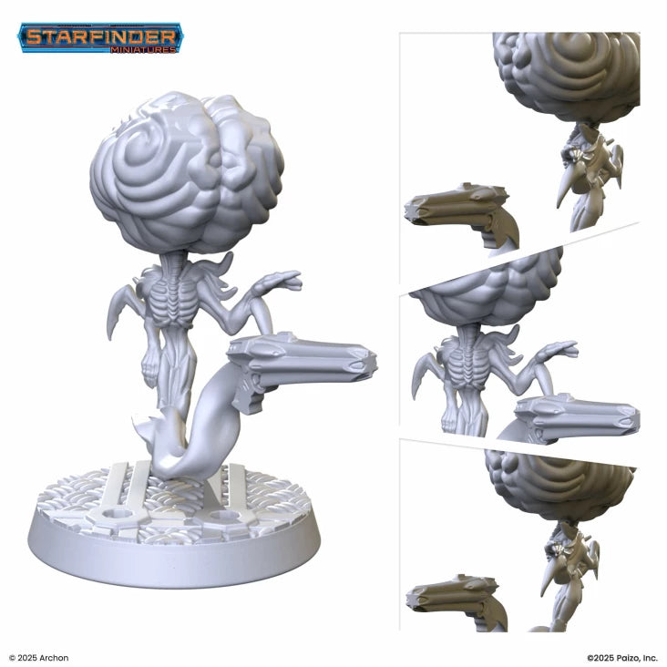 Starfinder: Contemplatives - Gray resin miniature of a humanoid alien with a large brain-like head, elongated limbs, and a futuristic weapon, standing on