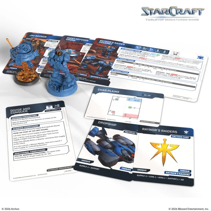 StarCraft TMG: Terran - Jim Raynor & Point Defense Drone (PREORDER) - Blue-painted Terran Jim Raynor miniature with Point Defense Drone on orange base, game cards with text and diagrams,.