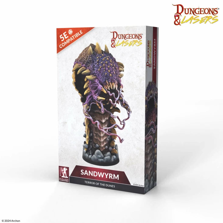 Dungeons & Lasers: Sandwyrm (Unpainted) - Boxed miniatures set featuring an unpainted Sandwyrm creature with segmented scales and lightning effects.