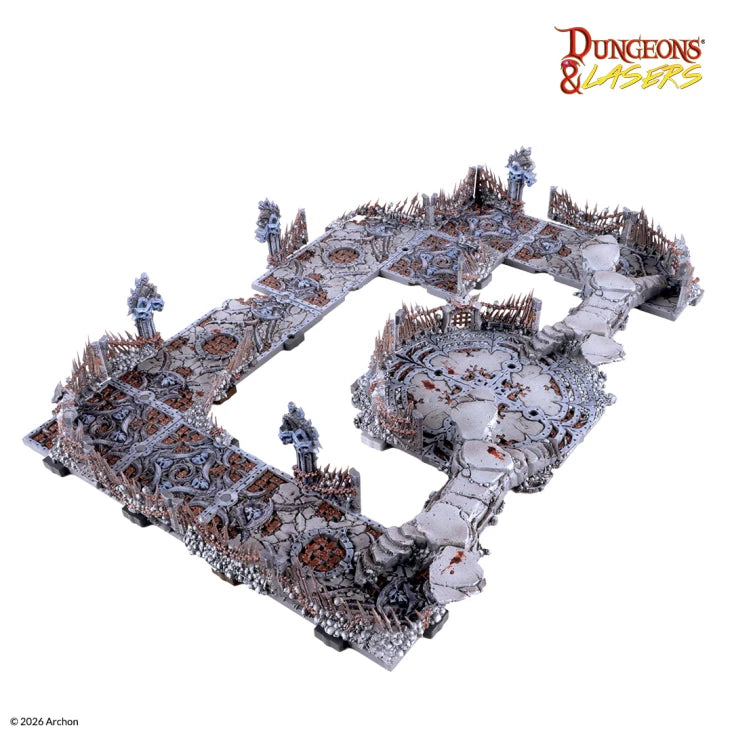 Dungeons & Lasers: Combat Arena (Pre-Painted) (PREORDER) - Pre-painted gray and brown modular dungeon terrain with stone floors and spiked walls for tabletop combat arena.