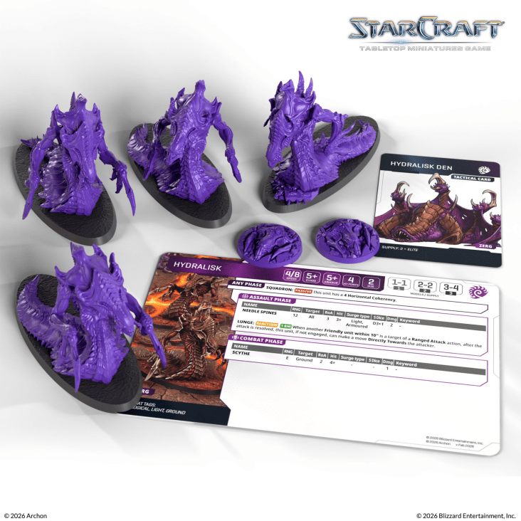 StarCraft TMG: Zerg - Hydralisk, Expansion Set (PREORDER) - Set of six detailed purple plastic Hydralisk miniatures with curved spines and sharp claws, displayed on black bases,.