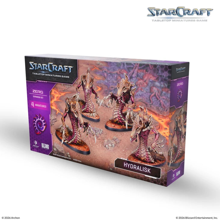 StarCraft TMG: Zerg - Hydralisk, Expansion Set (PREORDER) - Boxed StarCraft TMG expansion featuring three beige and brown Zerg Hydralisk miniatures with sharp claws and spiked tails on