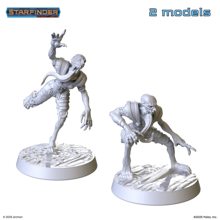 Starfinder: Void Zombies - Two unpainted gray plastic miniatures of futuristic zombie creatures on textured round bases, one standing on one leg with.