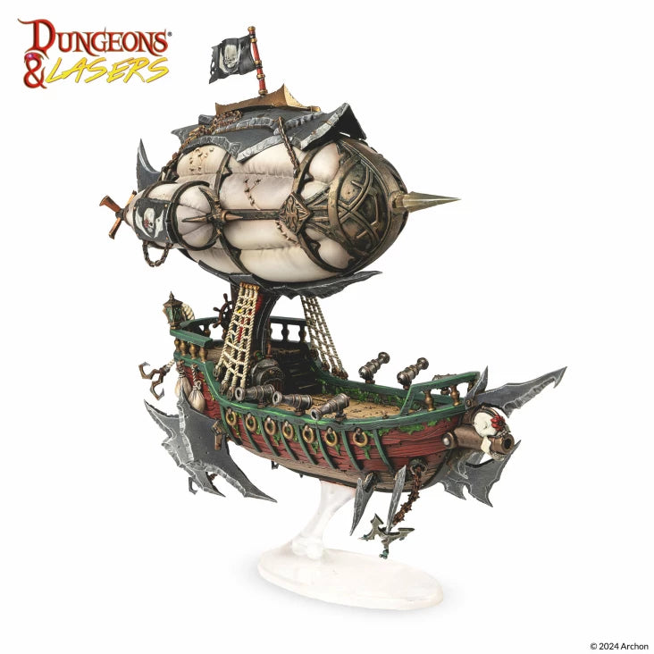Dungeons & Lasers: Deuslair: Flying Pirates Airship (Unpainted) - Unpainted detailed resin model of a flying pirate airship with large balloon, ship hull, cannons, and skull-themed.