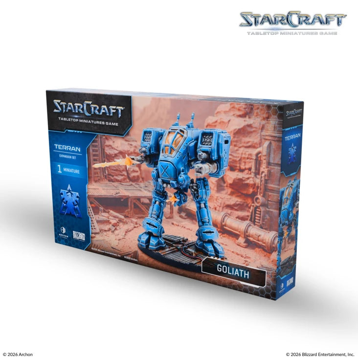 StarCraft TMG: Terran - Goliath (PREORDER) - Blue and gray robotic Goliath figure with heavy armor and weaponry on tabletop wargame box.