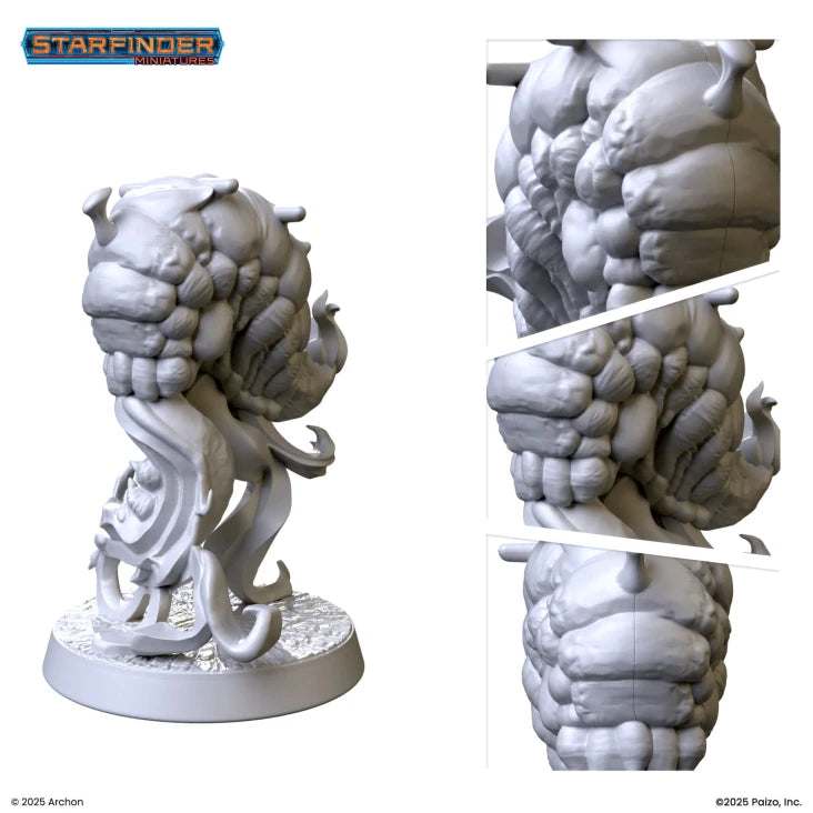 Starfinder: Barathu - Gray resin miniature of a muscular alien creature with layered scales, multiple tentacles, and a stout, rounded body on a.