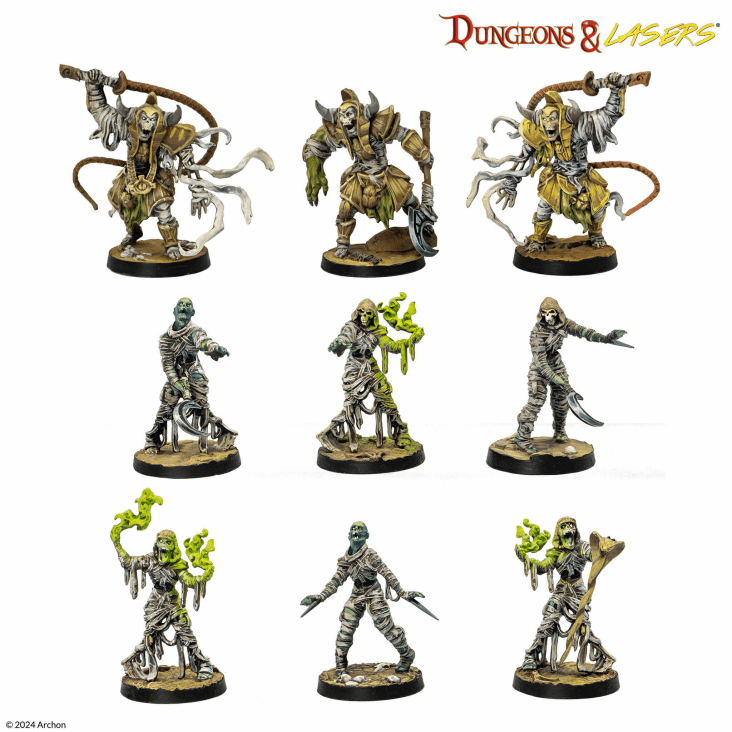 Dungeons & Lasers: White Eyes Dunes (Unpainted) - White Eyes Dunes, featuring humanoid warriors and creatures with intricate armor, weapons, and magical effects on round.