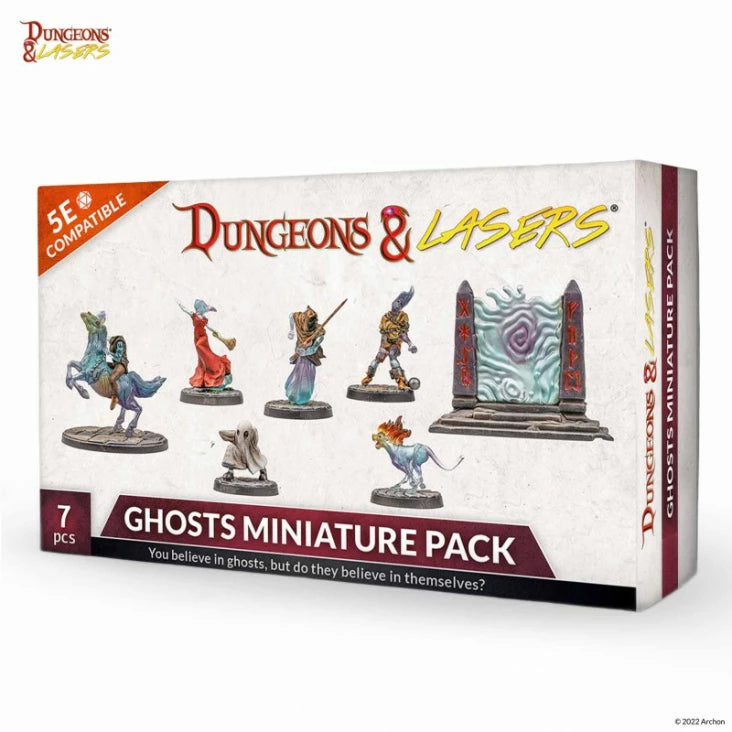 Dungeons & Lasers: Ghost Miniature Pack - Seven detailed resin ghost miniatures and a spectral portal, featuring translucent and ethereal designs with bases, designed