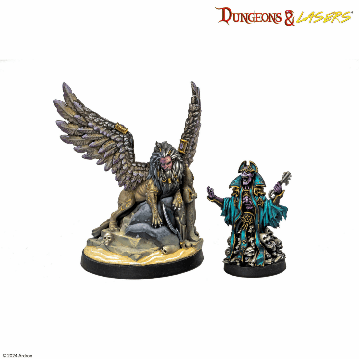 Dungeons & Lasers: White Eyes Dunes (Unpainted) - Unpainted miniature set featuring a winged lion and a robed wizard with staff on round bases.