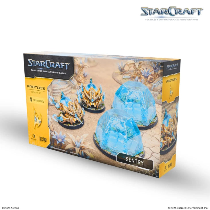 StarCraft TMG: Protoss - Sentry (PREORDER) - StarCraft Protoss Sentry miniatures set with blue translucent energy shields and detailed gold, black, and blue robotic.