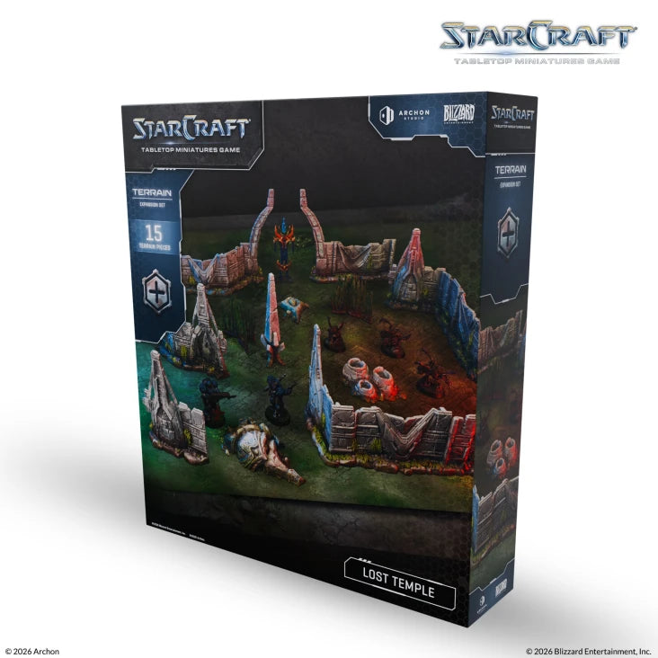 StarCraft TMG: Terrain - Lost Temple (PREORDER) - StarCraft TMG Lost Temple terrain set with rocky cliffs, alien structures, and green landscape for tabletop gaming.