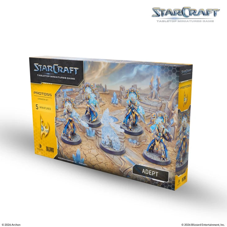 StarCraft TMG: Protoss - Adept (PREORDER) - Box set featuring six detailed Protoss Adept miniatures with blue energy effects on dark bases.