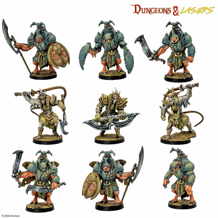 Dungeons & Lasers: White Eyes Dunes (Unpainted) - Set of seven unpainted fantasy miniatures featuring armored warriors with weapons and shields, sculpted for tabletop gaming.