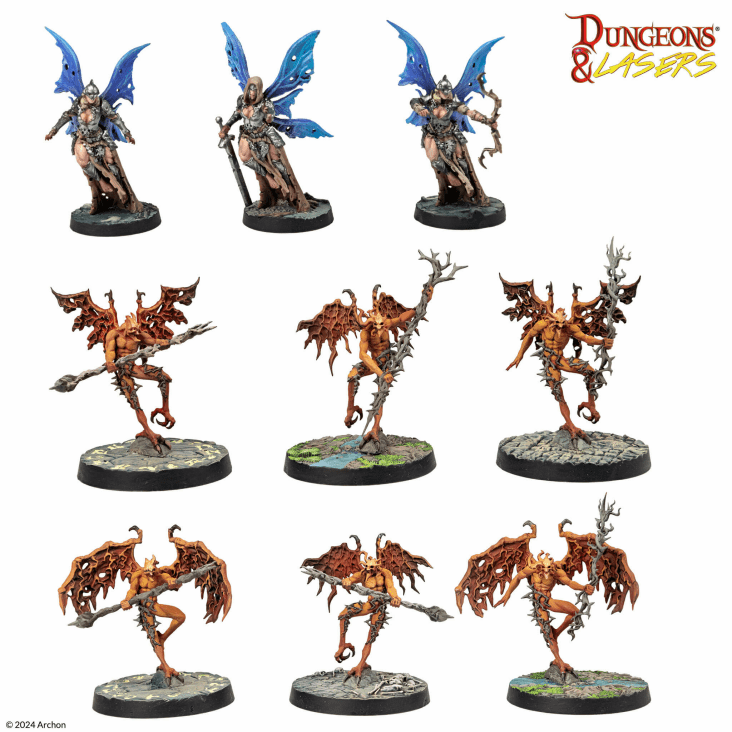 Dungeons & Lasers: Armies Of Deuslair (Unpainted) - Nine unpainted fantasy miniature figures featuring armored warriors and demonic creatures on round bases, made from detailed