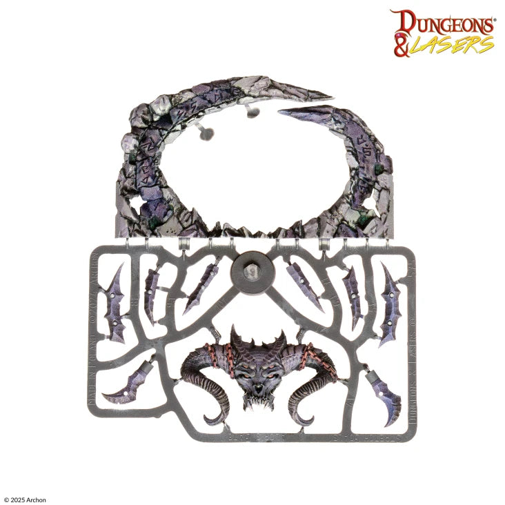 Dungeons & Lasers: Ritual Sites Pre-Painted Prismacast Terrain - Pre-painted gray plastic sprue with purple crystal shards and detailed demonic skull centerpiece terrain pieces for tabletop