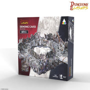 Dungeons & Lasers: Demonic Caves Pre-Painted Prismacast Terrain - Pre-painted gray and brown stone cave terrain with jagged walls and archways, modular gaming pieces in a square layout.