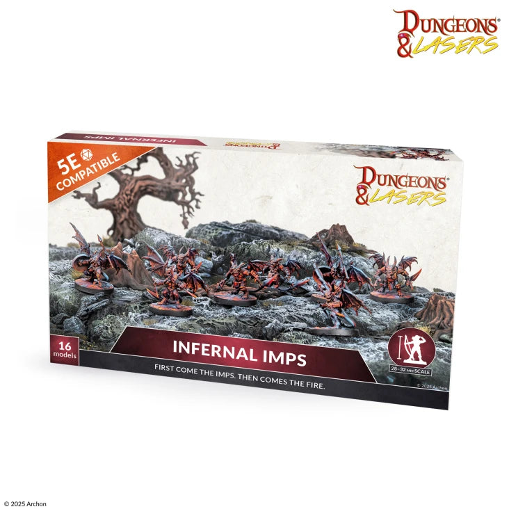 Dungeons & Lasers: Infernal Imps (Unpainted) - Box of unpainted Dungeons & Lasers Infernal Imps miniatures displaying multiple small, winged imp figures in dynamic poses.