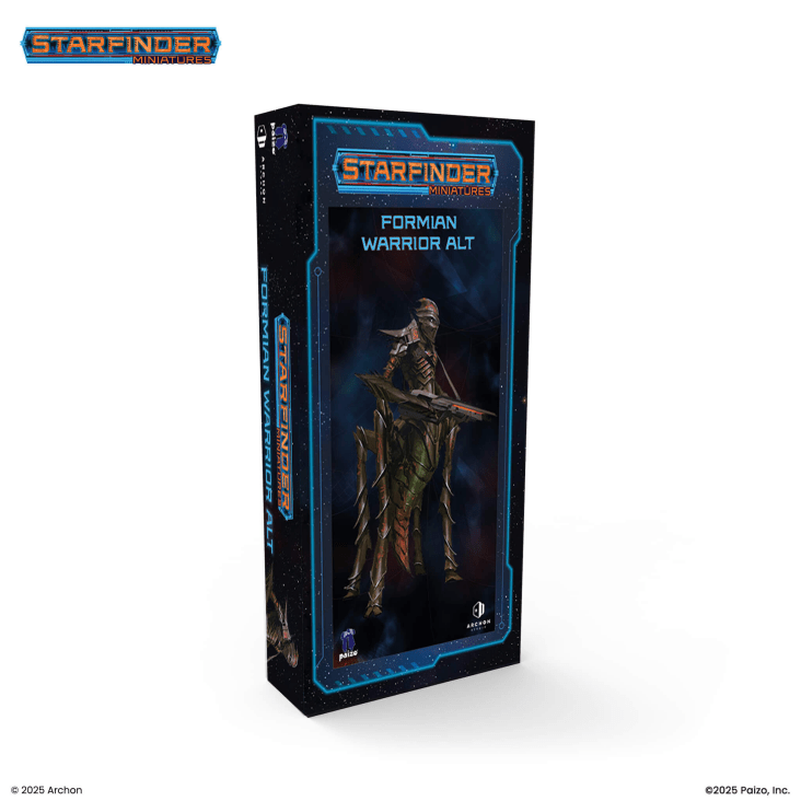 Starfinder: Formian Warrior Alt - Black and blue Starfinder Formian Warrior Alt game figure box featuring insectoid warrior holding a long staff weapon.
