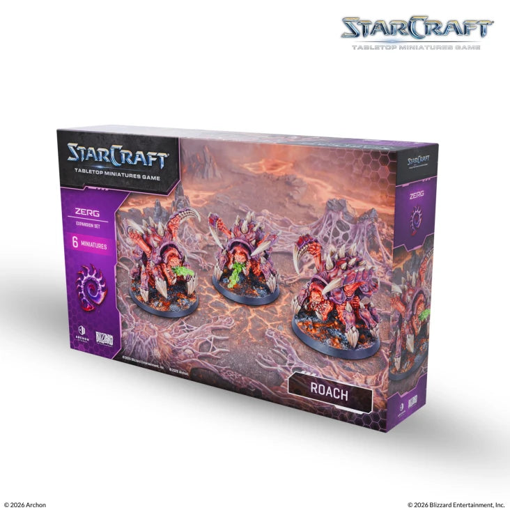 StarCraft TMG: Zerg - Roach, Expansion Set (PREORDER) - StarCraft Zerg Roach expansion set box featuring three detailed insectoid figurines in purple and red tones on a textured.