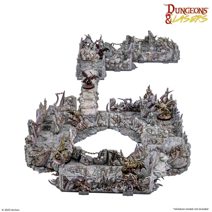 Dungeons & Lasers: Demonic Caves Pre-Painted Prismacast Terrain - Pre-painted gray stone dungeon terrain with jagged walls and demonic creature figures for tabletop gaming.