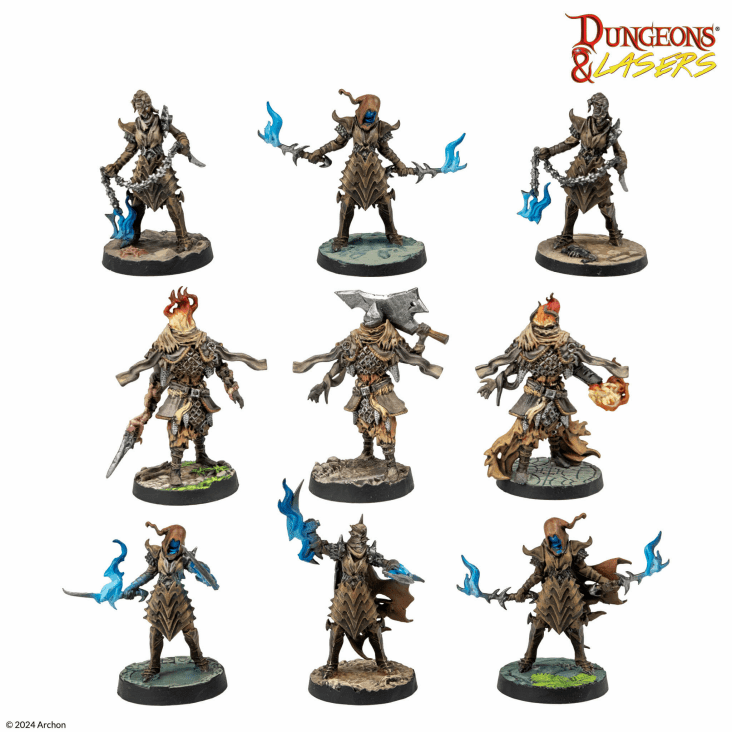 Dungeons & Lasers: Armies Of Deuslair (Unpainted) - Nine unpainted Dungeons & Lasers miniatures featuring fantasy warriors with dynamic poses, some holding weapons and.
