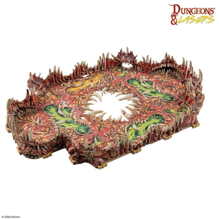 Dungeons & Lasers: Maw of the Abyss (Pre-Painted) (PREORDER) - Rectangular dungeon terrain piece with jagged red spikes and green swampy patches surrounding a central circular abyss.