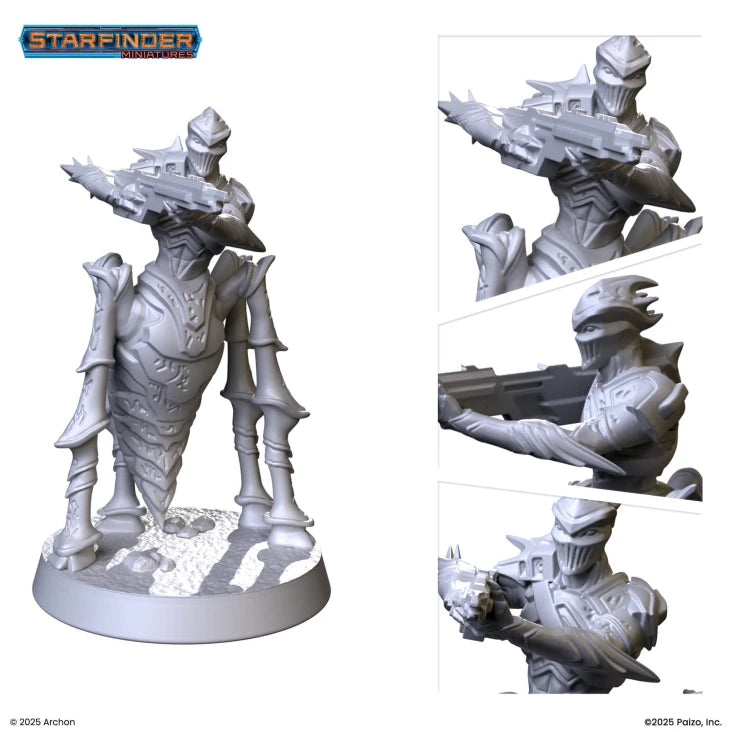 Starfinder: Formian Warrior Alt - Grey detailed miniature of an armored insectoid warrior holding a futuristic rifle, standing on a textured round base.