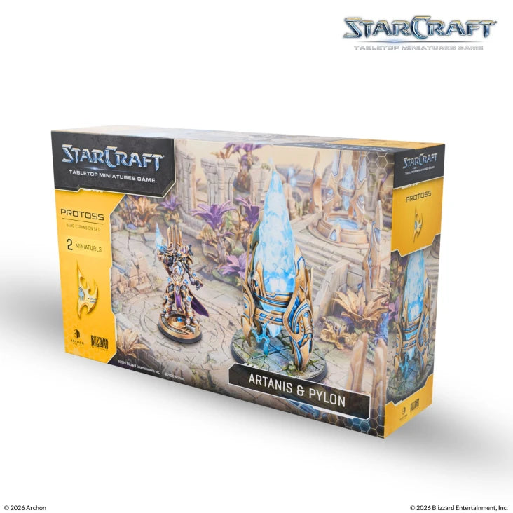 StarCraft TMG: Protoss - Artanis & Pylon (PREORDER) - StarCraft TMG expansion box featuring detailed Protoss Artanis and glowing blue Pylon miniatures with sci-fi terrain artwork