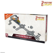 Dungeons & Lasers: Dwarven Train Set (Unpainted) (PREORDER) - Unpainted gray plastic Dwarven-themed train set with tracks and miniature locomotive pieces in box packaging.