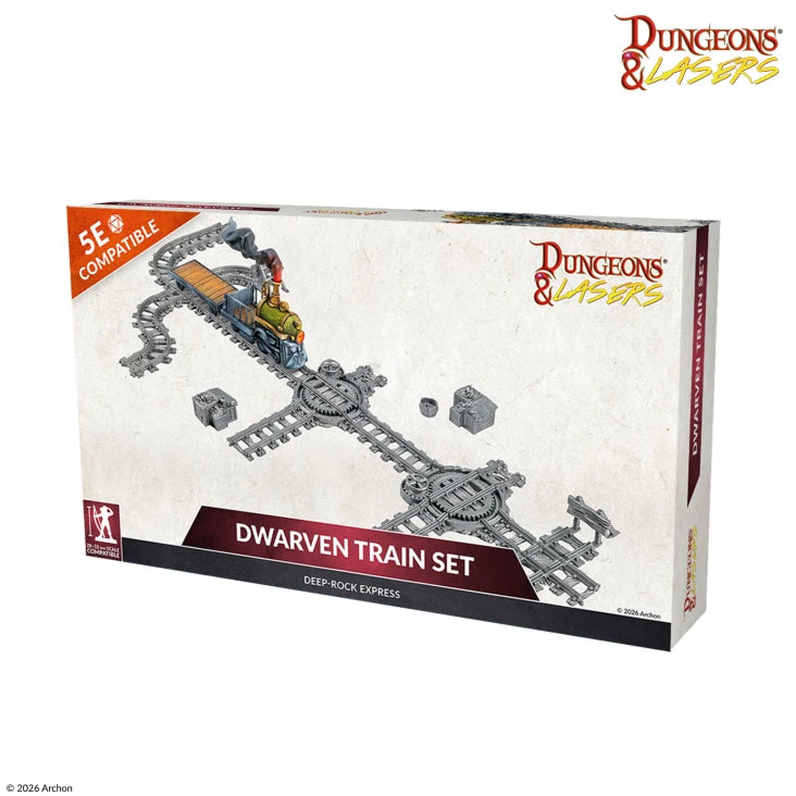 Dungeons & Lasers: Dwarven Train Set (Unpainted) (PREORDER) - Unpainted gray plastic Dwarven-themed train set with tracks and miniature locomotive pieces in box packaging.