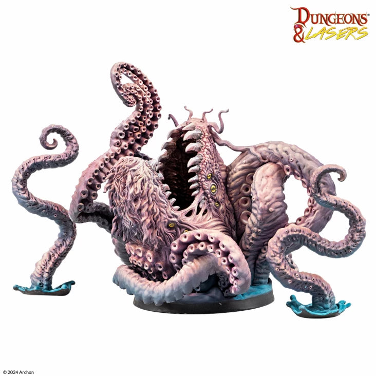 Dungeons & Lasers: Giant Kraken (Unpainted) - Unpainted detailed resin miniature of a giant kraken with multiple twisting tentacles and open mouth for tabletop gaming.