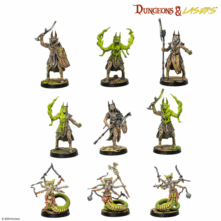 Dungeons & Lasers: White Eyes Dunes (Unpainted) - Set of seven unpainted fantasy miniatures featuring armored warriors and snake-like creatures with weapons and green.
