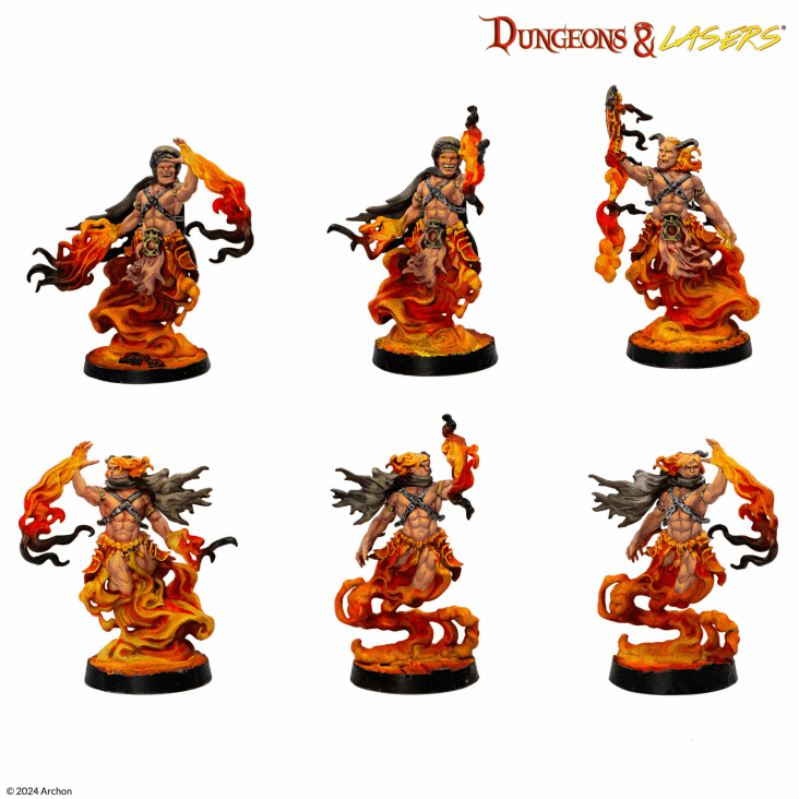 Dungeons & Lasers: White Eyes Dunes (Unpainted) - Fantasy miniature figure of a warrior with fiery orange flames swirling around, wielding a weapon, standing on a black.