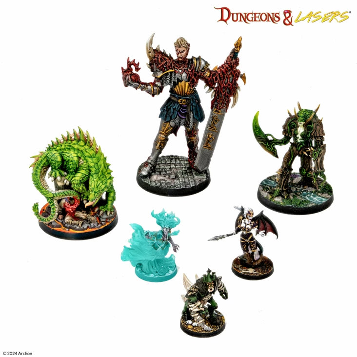Dungeons & Lasers: Victims Of Insanity (Unpainted) - Seven unpainted tabletop miniatures featuring fantasy characters with various weapons and detailed armor, displayed on round