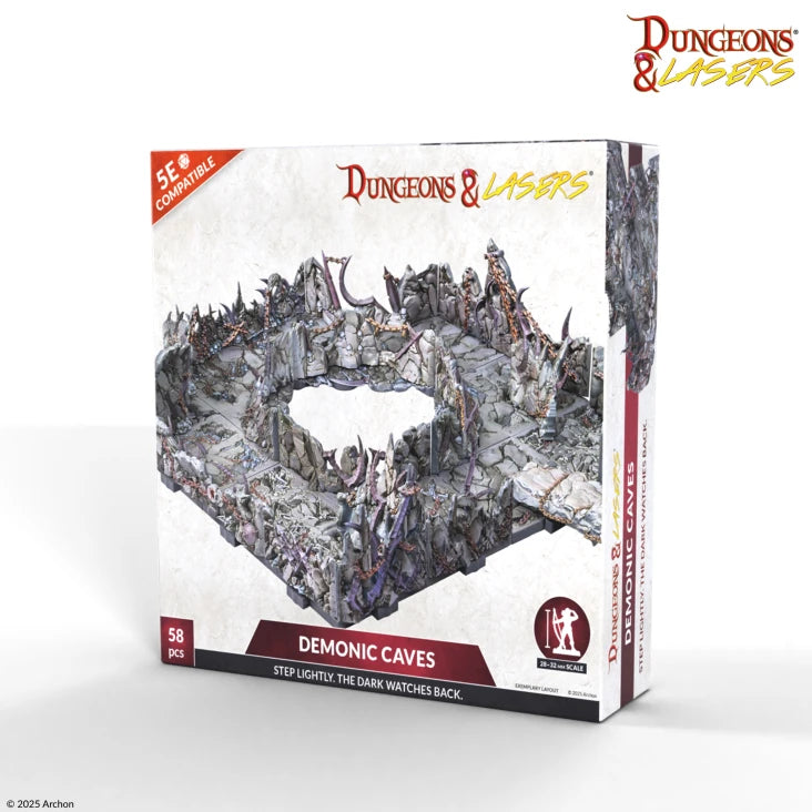 Dungeons & Lasers: Demonic Caves Terrain - Dungeons & Lasers Demonic Caves terrain set featuring dark gray rocky cave walls with jagged edges and spiked details,.