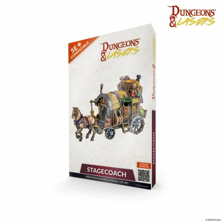 Dungeons & Lasers: Stagecoach (Unpainted) - Unpainted resin model kit of a classic stagecoach pulled by two horses with detailed wheels and cargo on top.
