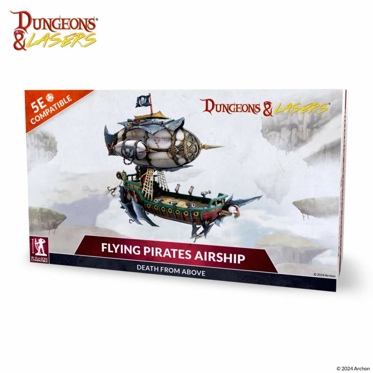 Dungeons & Lasers: Deuslair: Flying Pirates Airship (Unpainted) - Unpainted resin Flying Pirates Airship miniature with sails, cannons, and pirate flag detail.
