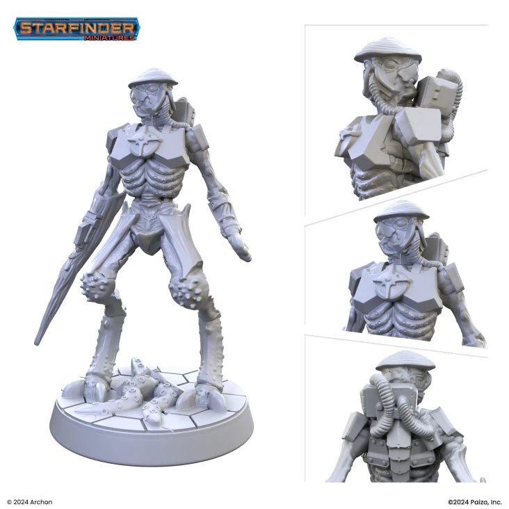Starfinder: Wrikreechee Creature - Gray miniature of an armored alien creature with elongated limbs and a helmet, standing on a rocky base.