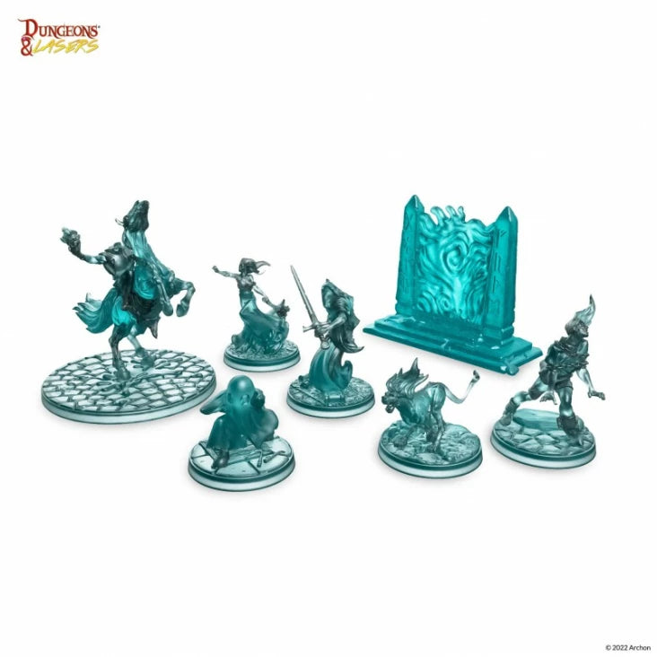 Dungeons & Lasers: Ghost Miniature Pack - Set of six translucent teal miniatures featuring ghostly warriors and a spectral wall on round bases for tabletop gaming.