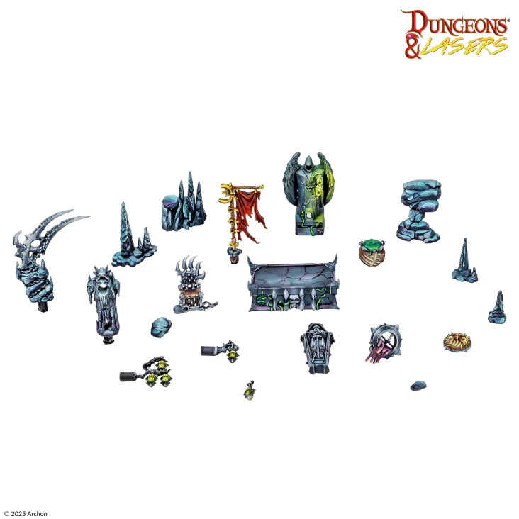 Dungeons & Lasers: Cavern Relics (Unpainted) (PREORDER) - Unpainted miniature cavern relics including spikes, statues, altar, and various ancient artifacts in gray resin.