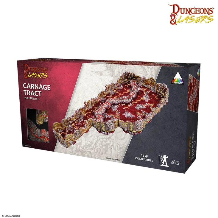 Dungeons & Lasers: Carnage Tract (Pre-Painted) (PREORDER) - Pre-painted detailed dungeon terrain piece with red and brown rocky textures for tabletop gaming in black and red packaging.